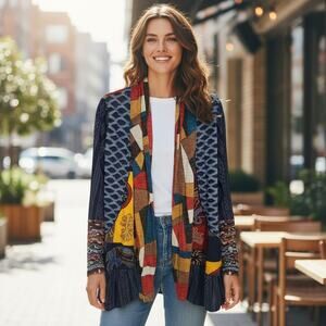 Boho Sweater Women Medium Brown Quilted Patchwork Knit Open Front Sweater